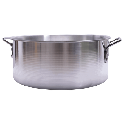 Stainless steel cooking pot with handles for outdoor and camping cooking activities.