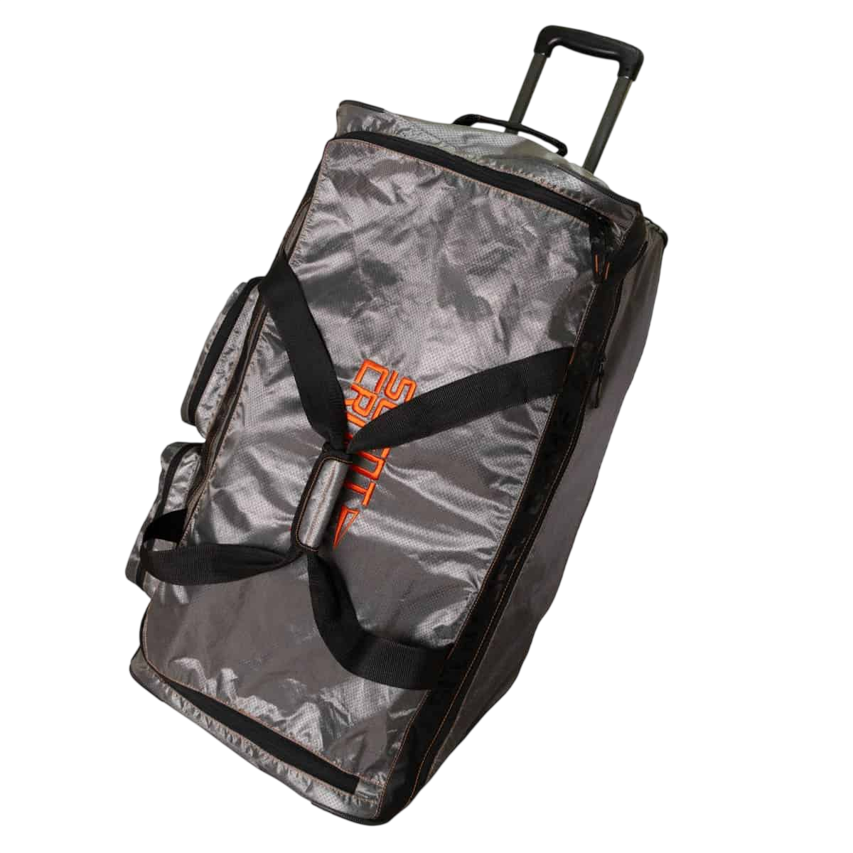 Heavy-duty rolling gear bag with handle and multiple compartments for outdoor gear storage.