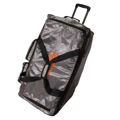 Heavy-duty rolling gear bag with handle and multiple compartments for outdoor gear storage.