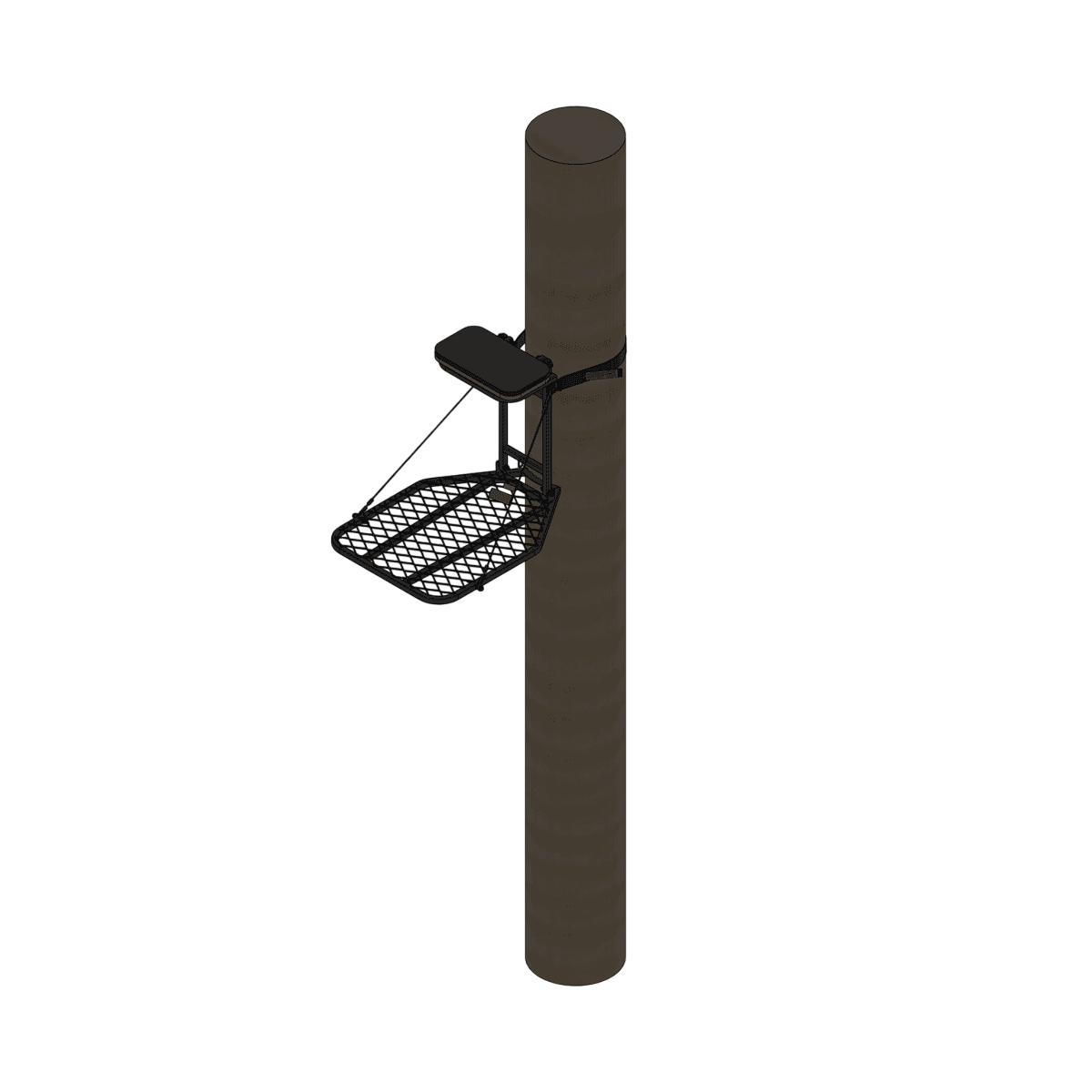 1. Adjustable tree stand platform with seat and safety straps for hunting or outdoor activities.