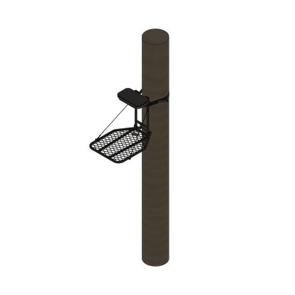 1. Adjustable tree stand platform with seat and safety straps for hunting or outdoor activities.
