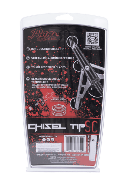 Rage Black Series Chisel Tip Broadhead for Bowhunting and Archery.