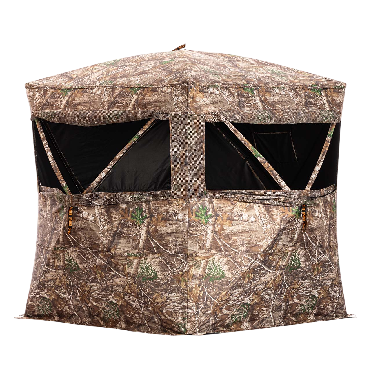 Camouflage hunting blind with mesh windows and fabric walls for outdoor bowhunting.