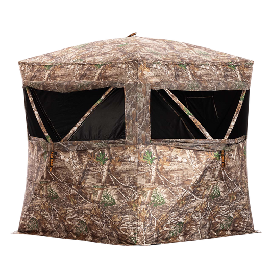 Camouflage hunting blind with mesh windows and fabric walls for outdoor bowhunting.