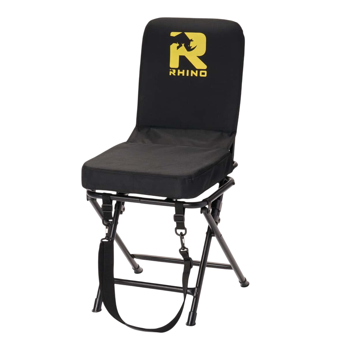 1. Rugged black hunting chair with Rhino logo, metal frame and adjustable features.