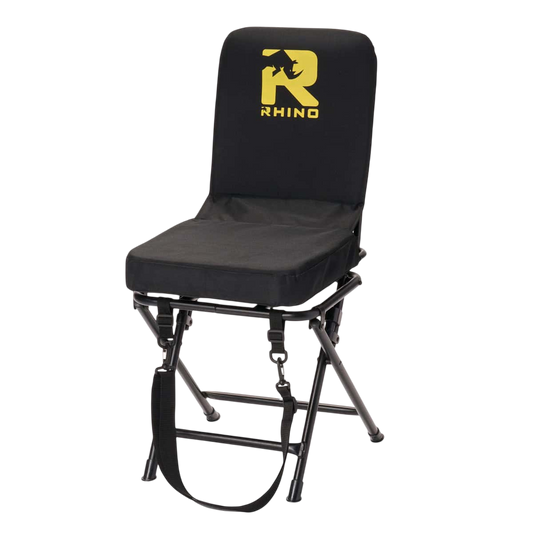 1. Rugged black hunting chair with Rhino logo, metal frame and adjustable features.