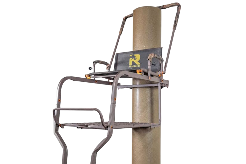 Adjustable climbing treestand with safety rails for archery hunting and bowhunting.