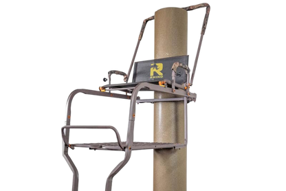 Adjustable climbing treestand with safety rails for archery hunting and bowhunting.