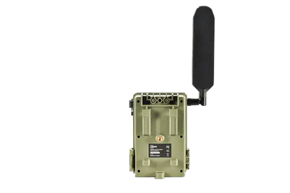 Wireless trail camera with antenna for outdoor hunting and wildlife monitoring.