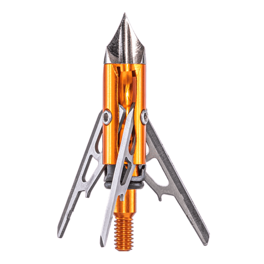 High-performance archery broadhead with metallic and adjustable blades for bowhunting success.
