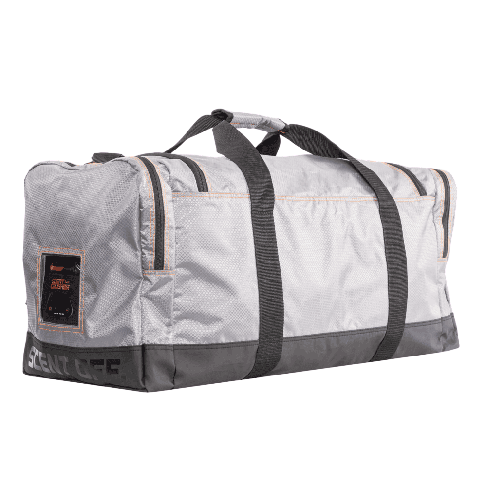 Large gray and black archery gear duffle bag with handle straps and zippers.