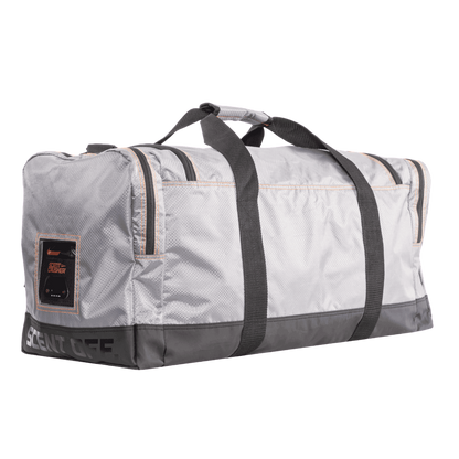 Large gray and black archery gear duffle bag with handle straps and zippers.