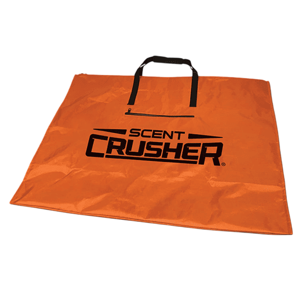 Durable orange scent elimination bag with black handles for outdoor hunting gear storage.