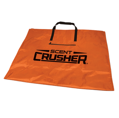 Durable orange scent elimination bag with black handles for outdoor hunting gear storage.