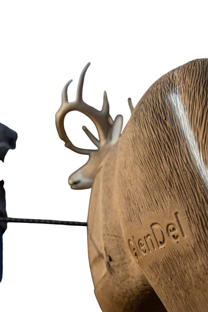 1. Close-up of Woodstream Archery target with deer antlers in natural outdoor setting.