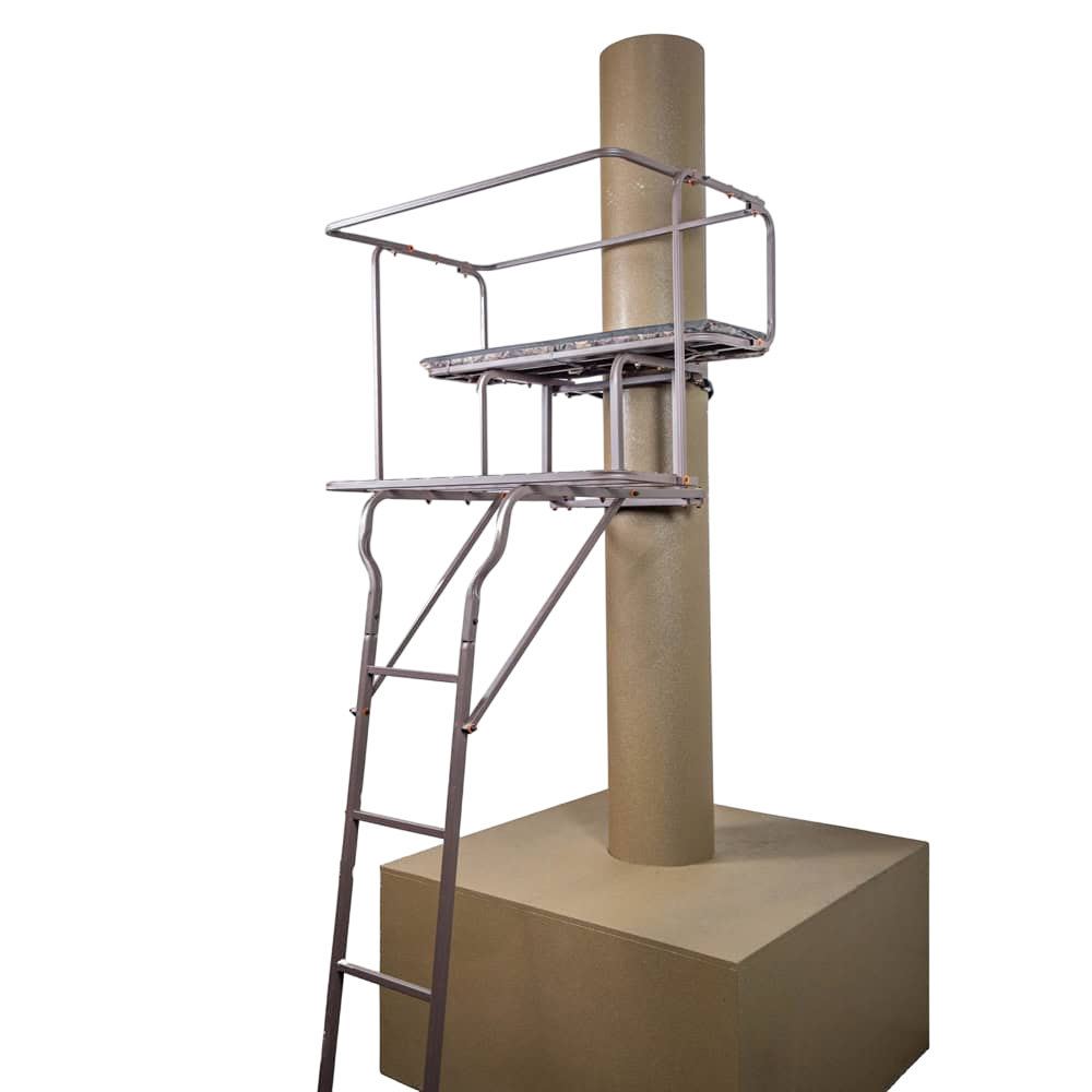Portable hunting treestand with ladder and safety rail, mounted on a support pole.