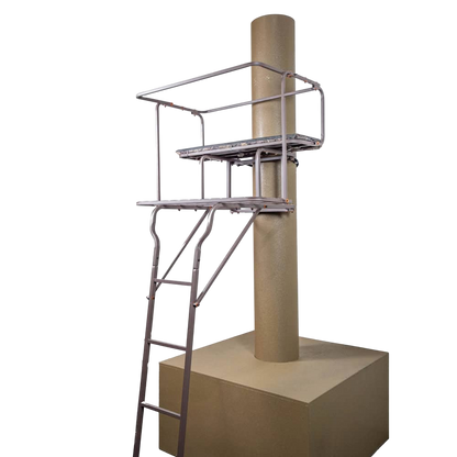 Portable hunting treestand with ladder and safety rail, mounted on a support pole.