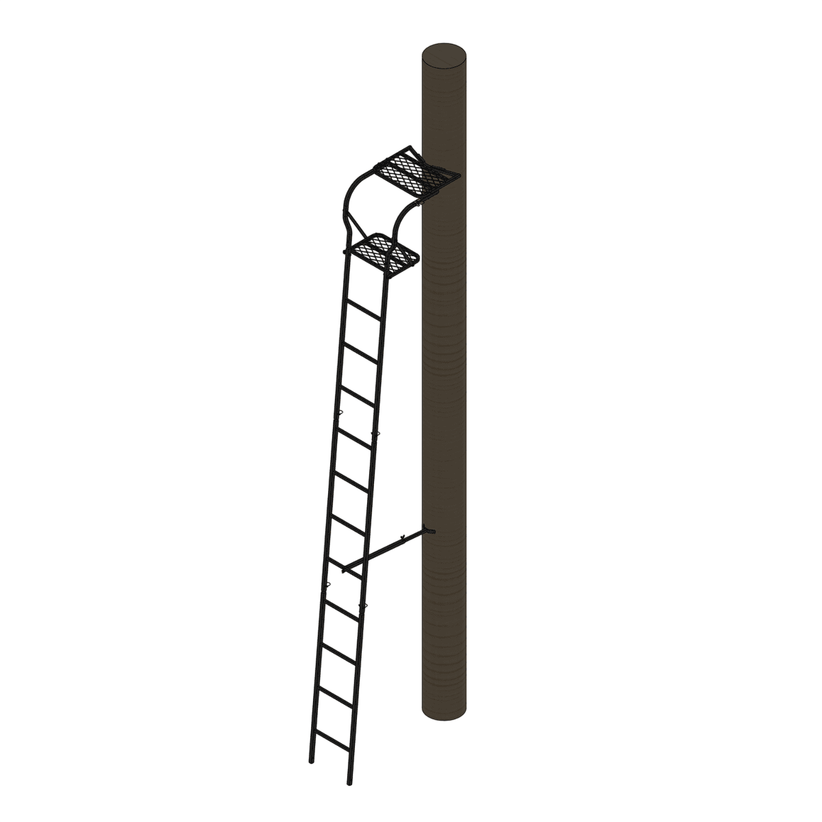 Climbing ladder with safety platform attached to a wooden pole for outdoor hunting and game surveillance.