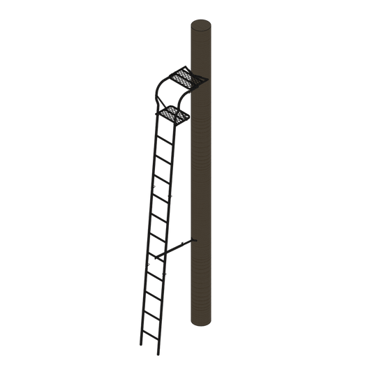 Climbing ladder with safety platform attached to a wooden pole for outdoor hunting and game surveillance.
