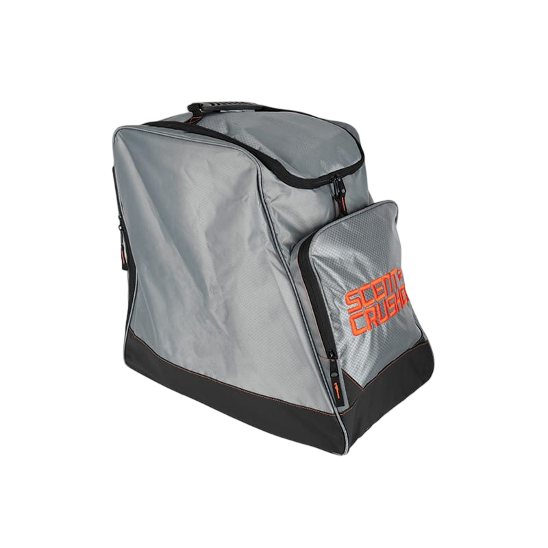Durable gray bowhunting gear bag with black accents and orange logo from FeraDyne Outdoors.