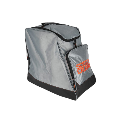 Durable gray bowhunting gear bag with black accents and orange logo from FeraDyne Outdoors.