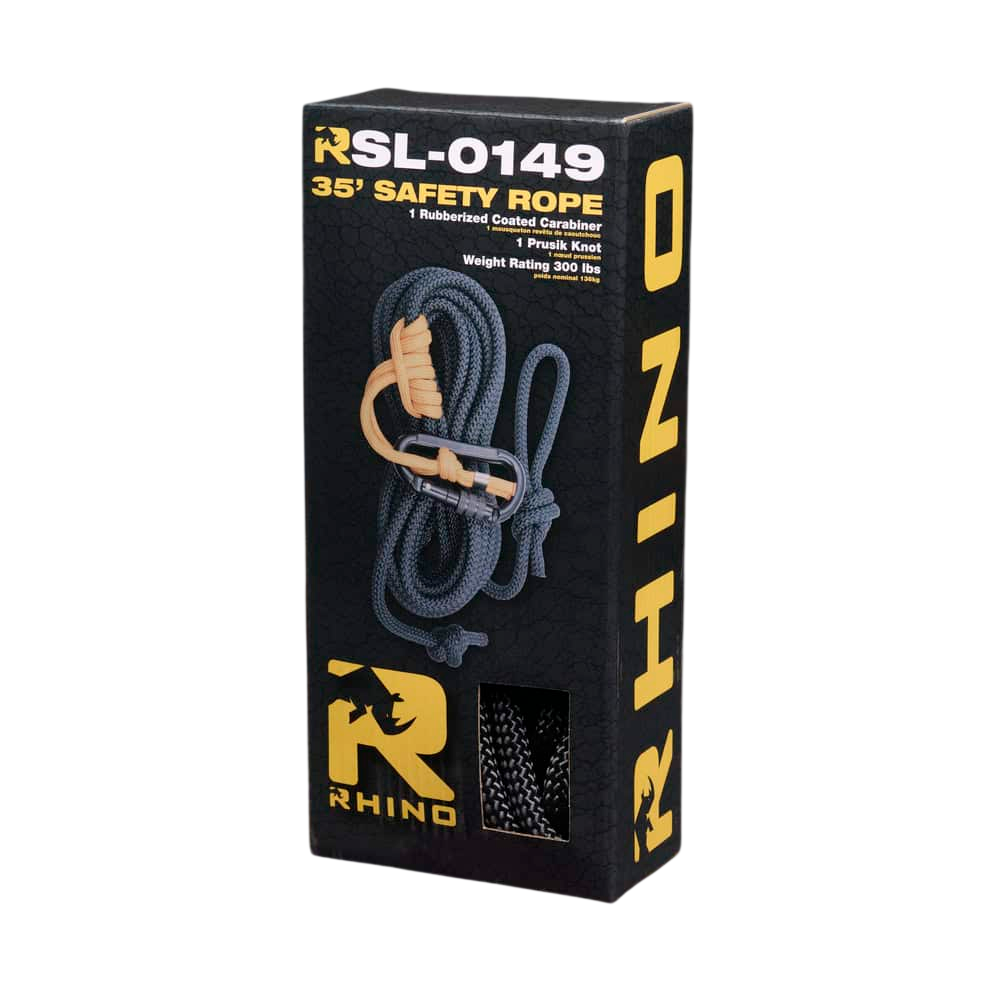 Durable 35-ft safety ropes for archery and bowhunting, high weight rating, rubberized coated carabiner.