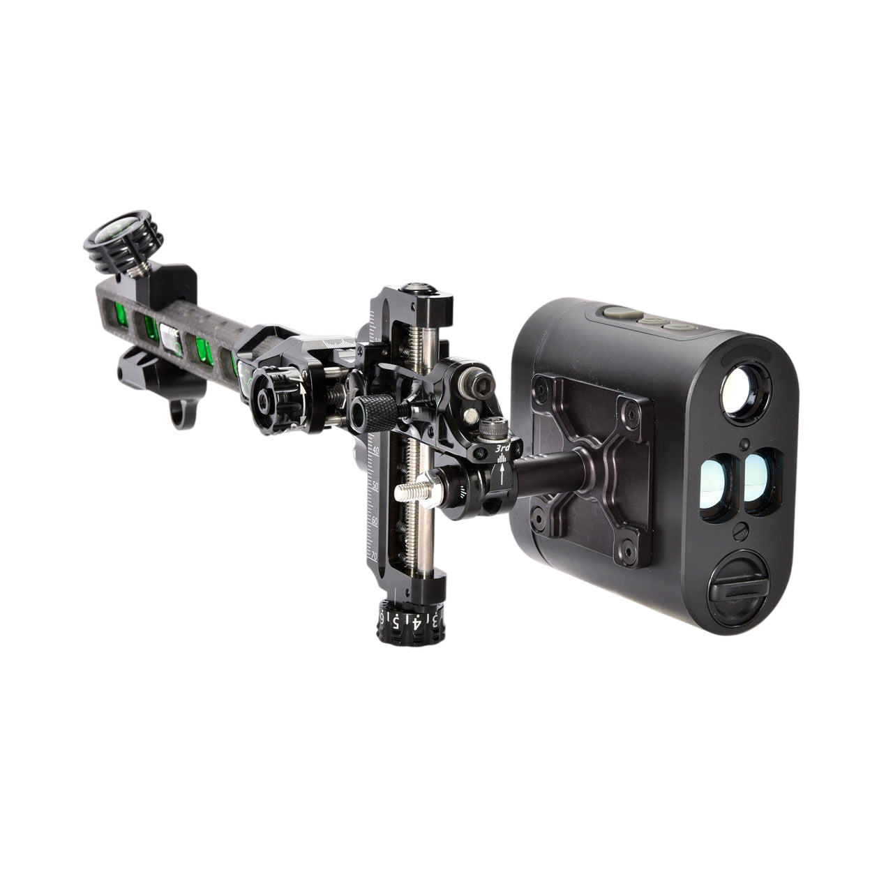 Precision archery sight with digital display and adjustable components for bowhunting.