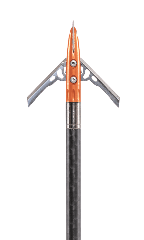 Sharp archery arrow with mechanical broadhead on carbon shaft.