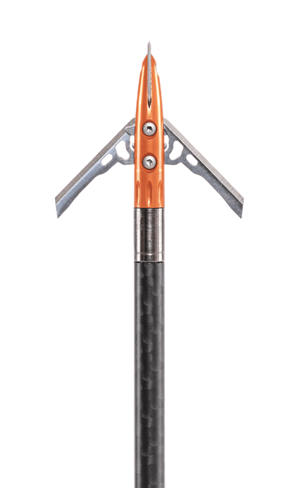 Sharp archery arrow with mechanical broadhead on carbon shaft.