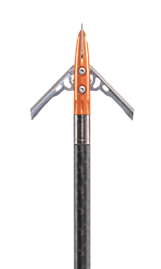 Sharp archery arrow with mechanical broadhead on carbon shaft.