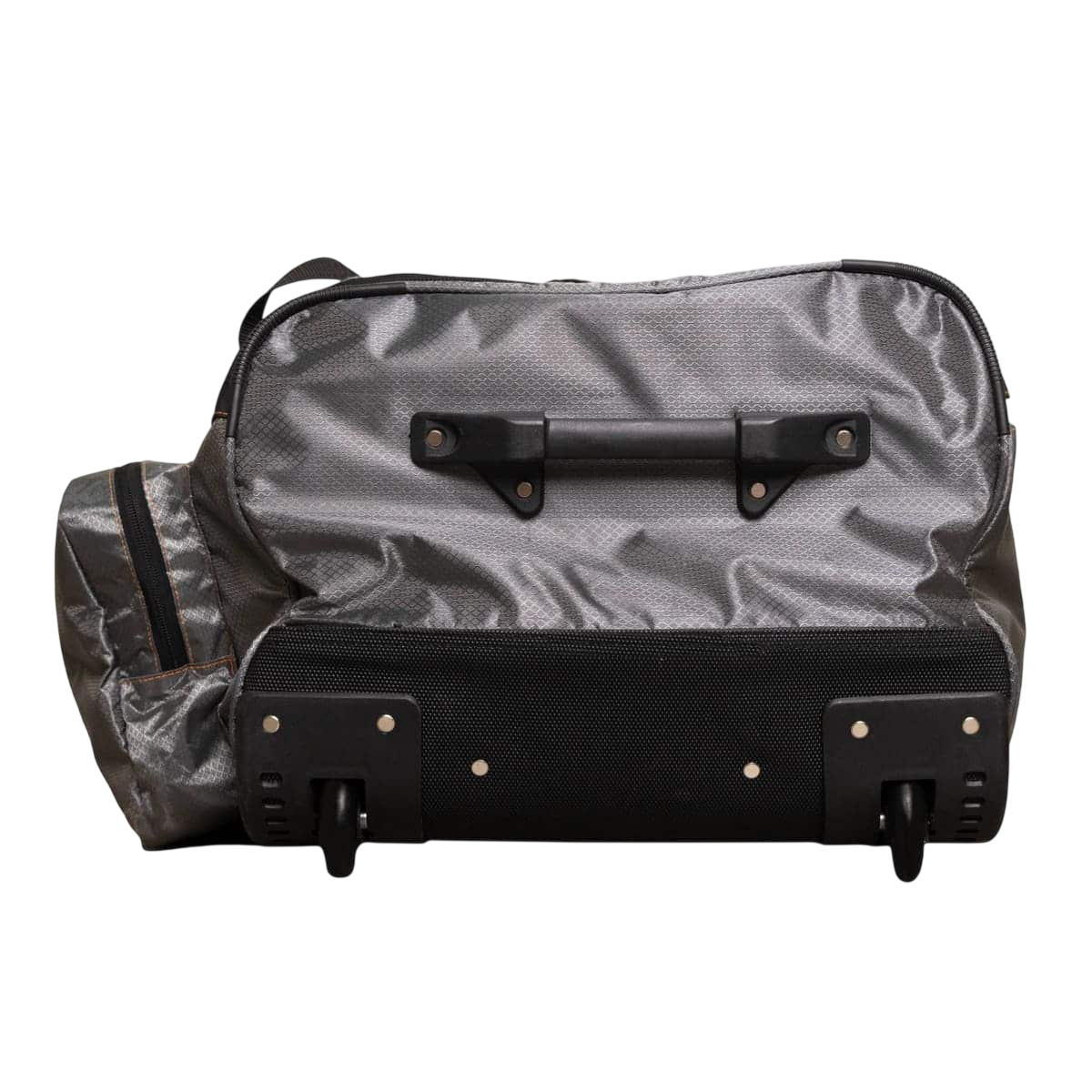 Heavy-duty grey rolling duffel bag with black wheels and handle, ideal for outdoor gear storage.