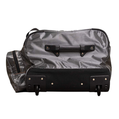 Heavy-duty grey rolling duffel bag with black wheels and handle, ideal for outdoor gear storage.