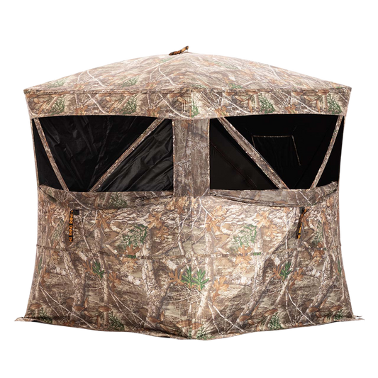 Camouflage hunting blind with windows and durable material for outdoor deer and bowhunting.