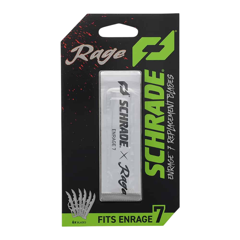 -orange, black, and green packaging for Rage SharpEdge broadheads for archery—fits Enrage 7 model bows.