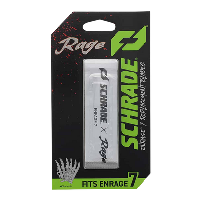 -orange, black, and green packaging for Rage SharpEdge broadheads for archery—fits Enrage 7 model bows.