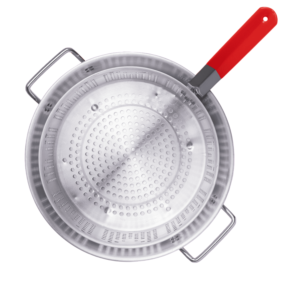 Perforated stainless steel basket for steaming and draining foods in cooking.