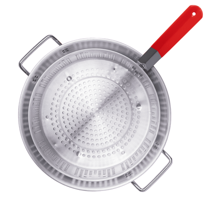 Perforated stainless steel basket for steaming and draining foods in cooking.