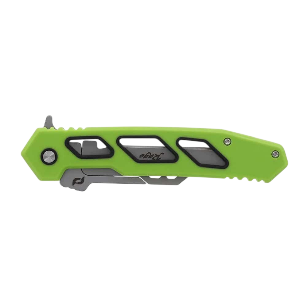Bright green tactical knife with cutouts and a compact design for outdoor survival or hunting.