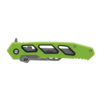 Bright green tactical knife with cutouts and a compact design for outdoor survival or hunting.