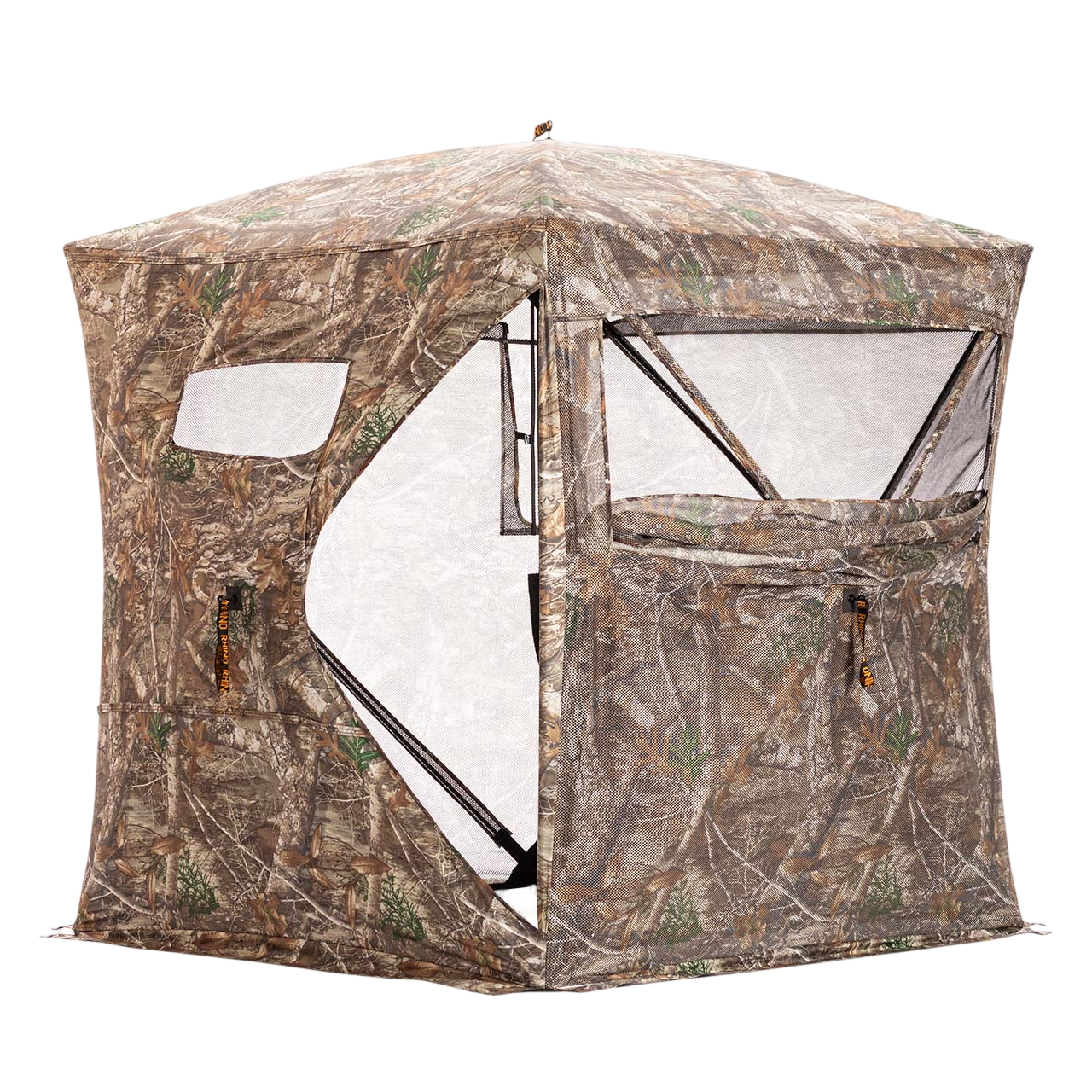 Camouflage hunting blind with mesh windows for bowhunting concealment and easy access.