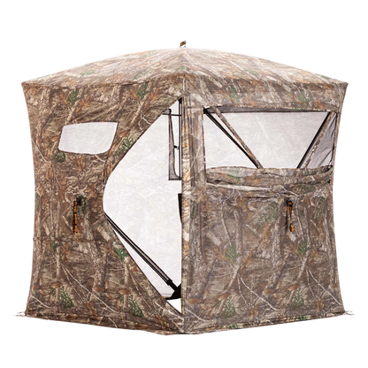 Camouflage hunting blind with mesh windows for bowhunting concealment and easy access.