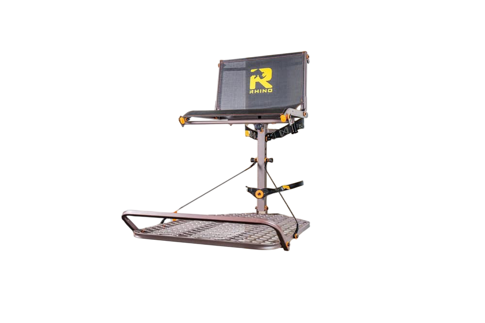 Portable tree stand for bowhunting with adjustable height and safety features.