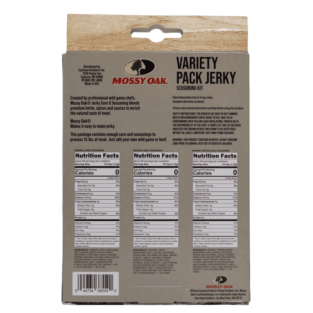 Mossy Oak variety pack jerky seasoning kit for wild game and beef, easy to prepare at home.