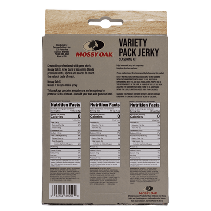 Mossy Oak variety pack jerky seasoning kit for wild game and beef, easy to prepare at home.