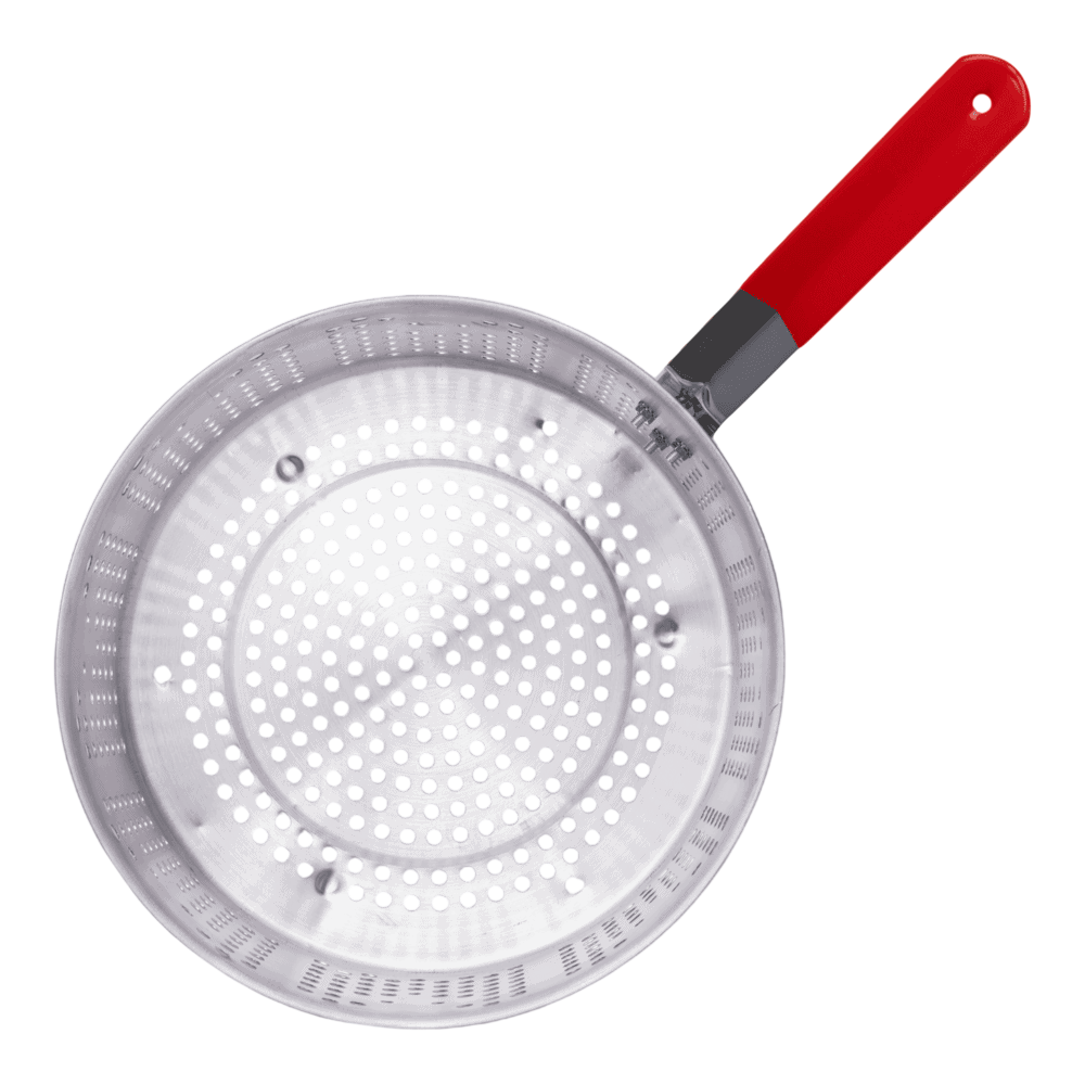 1. Perforated stainless steel skillet with red handle for outdoor cooking and camping.