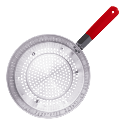 1. Perforated stainless steel skillet with red handle for outdoor cooking and camping.