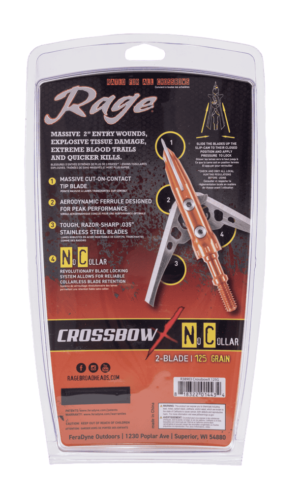 High-performance crossbow broadheads with 2-inch cut, 125-grain, aerodynamic ferrule, and N.C. lock system.