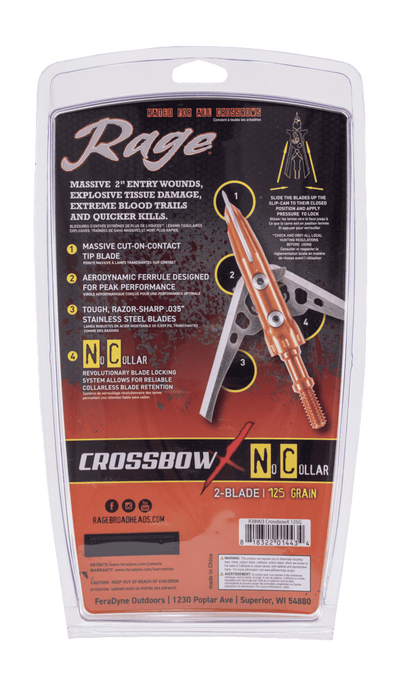 High-performance crossbow broadheads with 2-inch cut, 125-grain, aerodynamic ferrule, and N.C. lock system.