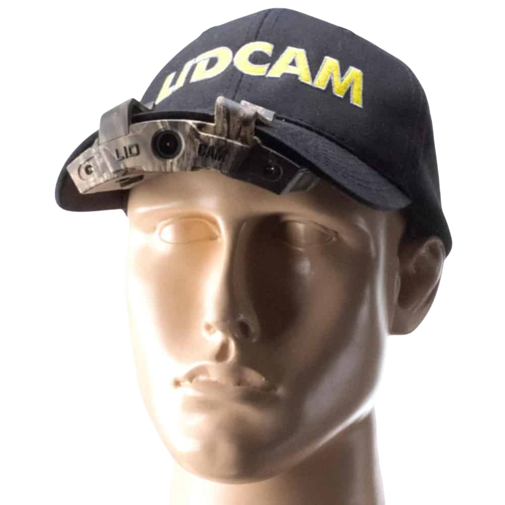 Adjustable headlamp with a camo strap and LED light for outdoor activities and hunting.