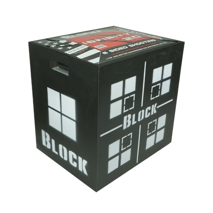 Electronic shooting target with illuminated block design for archery practice.